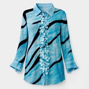 Y2K 3X Sheer Blue Top Womens micro pleating Statement Piece Chiffon Glam Career